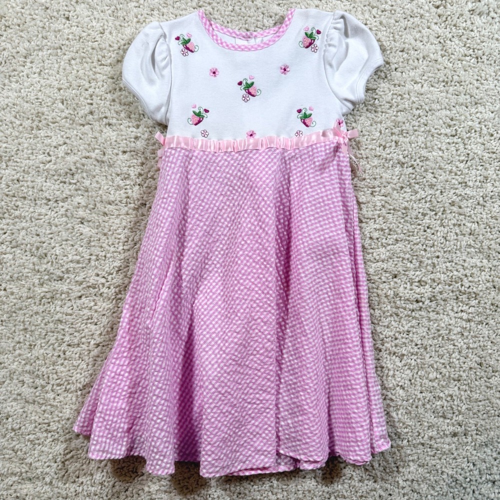Vintage Y2K Youngland Girls Pink Gingham Strawberry Embroidered Dress 7 Cottage